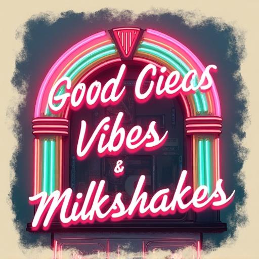 A retro 1950s diner-inspired t-shirt design with a vibrant neon sign. Features a milkshake and jukebox in pink, teal, and yellow colors, softly glowing. Text 'Good Vibes & Milkshakes' in a bold, retro font, white with pink outline. Centered design on transparent background, slightly distressed for a vintage feel. High-resolution, vector-style, optimized for cream-colored t-shirt printing.