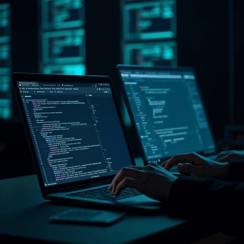 Two programmers working on laptops in a dimly-lit, tech-oriented environment.