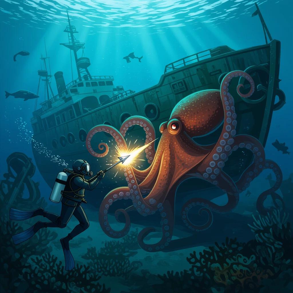 Underwater scene shows a helmet diver confronting a giant octopus armed with a harpoon. A shipwreck is visible in the background with clear portholes and mechanical features.
