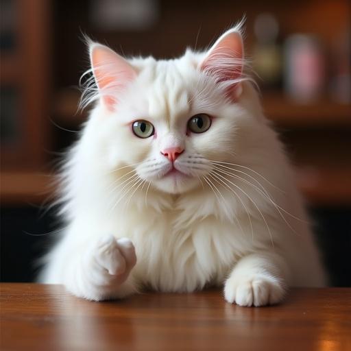 Image of a white ragdoll cat sitting at a bar with a smirky expression. The cat looks directly at the camera and displays an irreverent gesture.