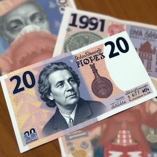 A collection of 20 pound notes. The notes are arranged on a wooden surface. The 20 pound note is the focal point of the image. A blurred facial feature is present.