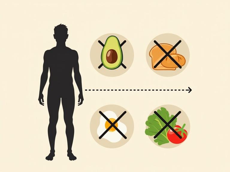 Silhouette of a person showing abdominal fat loss after low-carb diet. Food icons of breads and pastries crossed out. Avocado, egg, and vegetables shown as alternatives.
