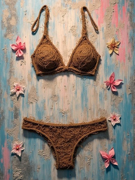 Bikini made from jute fibers on a textured background. Arrangement features pastel pink flowers. Mixed media elements include glitter and scraps of newspaper. The composition has a magical and evocative quality. Detailed textures create a sense of depth.