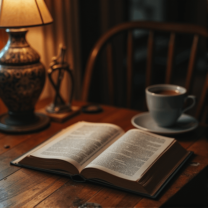 An open book lies on a table next to a cup of coffee and a warmly lit lamp.