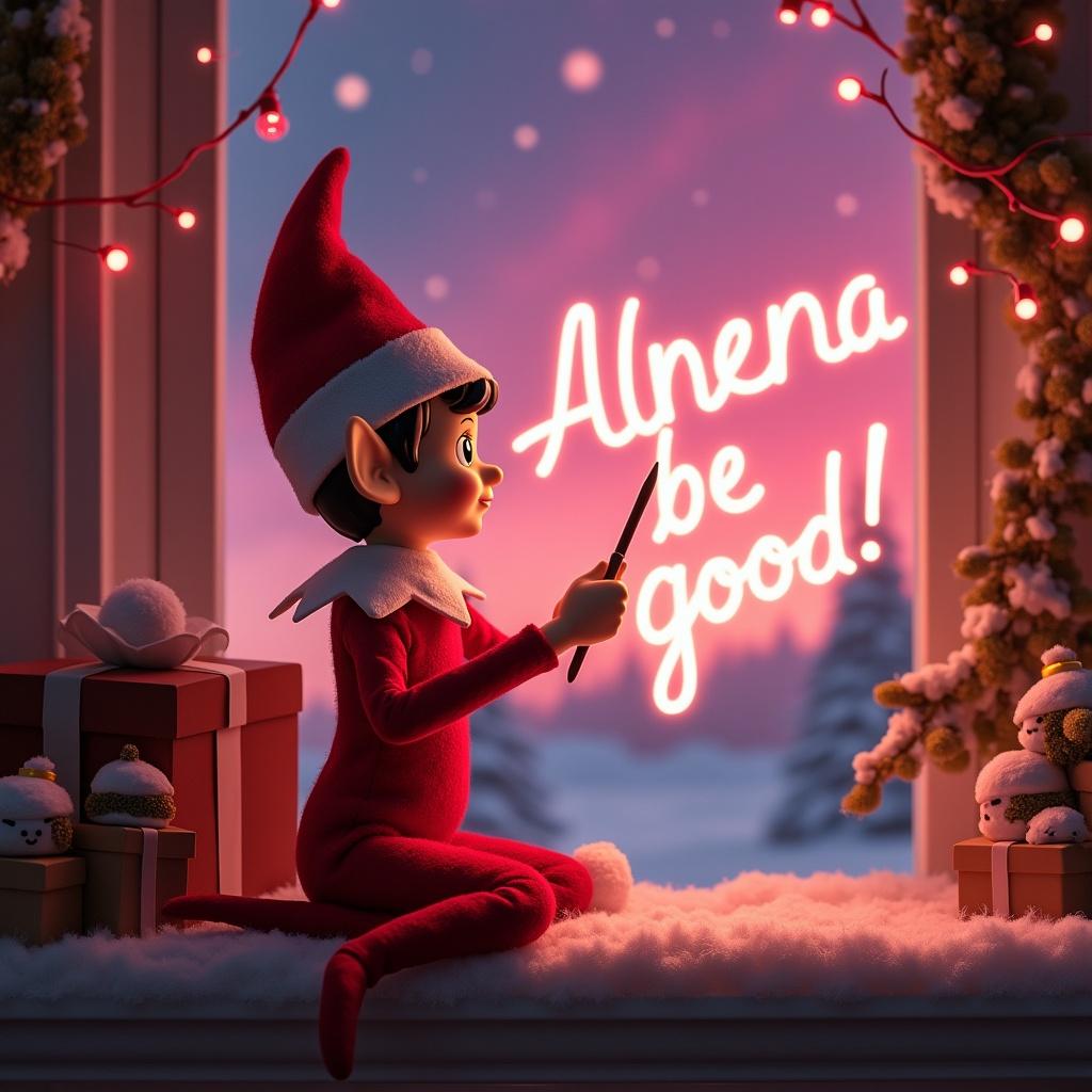 Enchanting Christmas scene with female elf. Elf is in red and white. Elf uses magic wand, writing Alenia be good! in glowing letters. Backdrop features vibrant northern lights. Scene has pink tones, festive atmosphere, whimsical holiday twist. Elf embodies joy and wonder of holiday season.