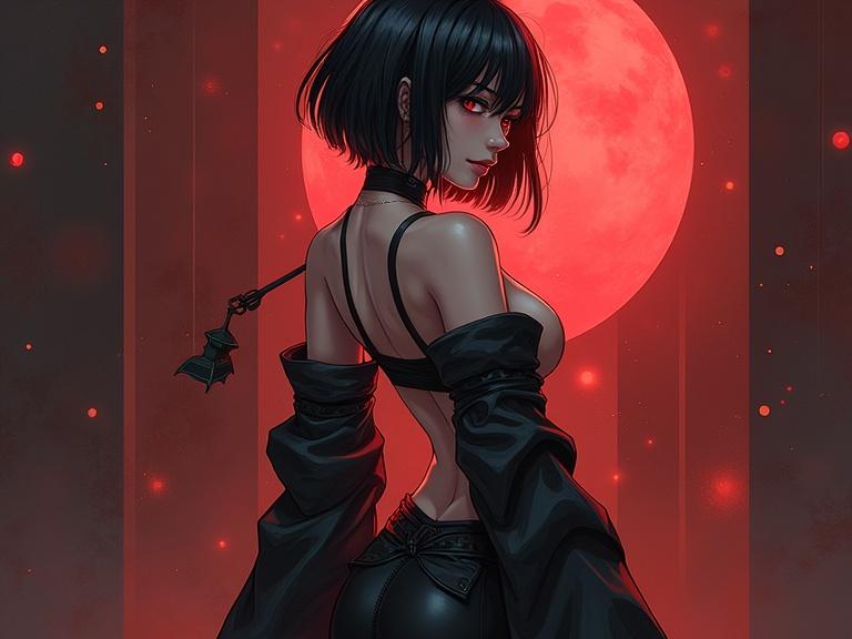 A female character with short black hair poses confidently in a revealing outfit. The background features a large red moon with dark shades. The setting evokes a cyberpunk and ninja theme.