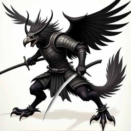 Remake mythical creature in a single color scheme. Dynamic figure has traditional oni-like features with sharp horns and wild mane. Adorned with samurai-style armor and powerful raven-like wings. Wields two katanas in a fierce pose showcasing warrior nature. Lower half includes avian attributes with claw-like feet for swift movement. Convey mystical and dramatic atmosphere with single color palette emphasizing traditional Japanese ink art.