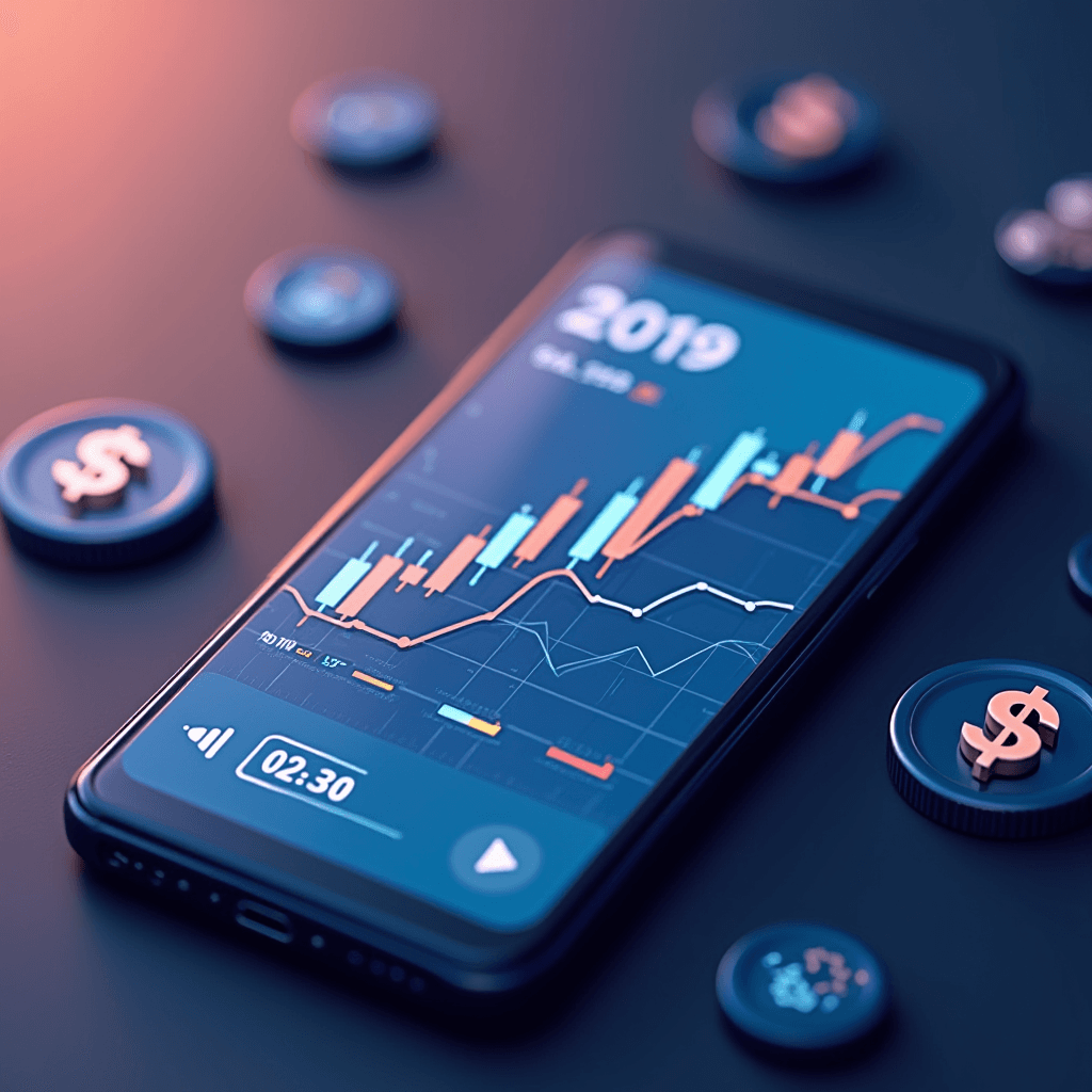 A smartphone displaying financial graphs surrounded by currency symbols, reflecting digital trading.