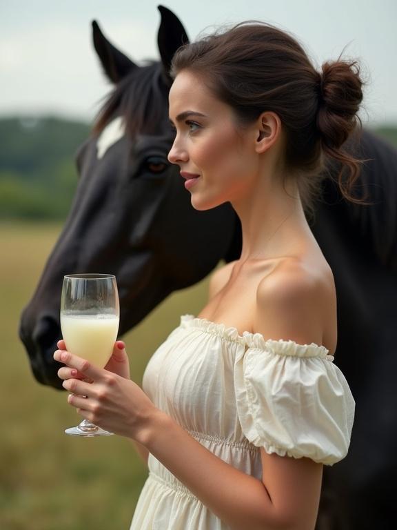 Beautiful woman wearing an off-shoulder white dress. She holds a glass of thick cream while standing beside a black horse in the background. Scene set at a breeding farm with an open field.