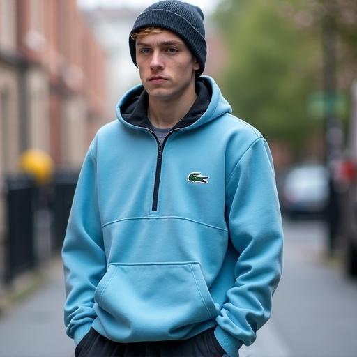 A young male dressed in streetwear. He has blue eyes and wears a light blue Lacoste tracksuit top and black Adidas track pants. Bright white Nike trainers are worn loosely with the laces tucked in. A beanie cap is tilted to the left over his brow. He is outdoors on a street.