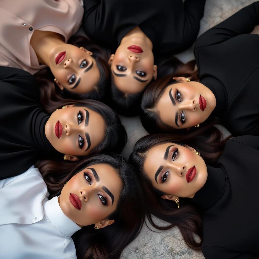 Image depicts six women of Scottish-Pakistani descent lying on the ground in a circular arrangement. They all have dark brown almond-shaped eyes, black hair, dark skin, and thick eyebrows. Each woman has a serious expression, with wide-open eyes and closed mouths. They are dressed in modern Western clothing, capturing a contemporary aesthetic.