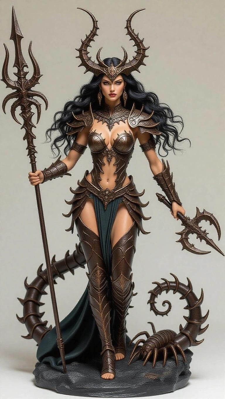 A resin sculpture depicts a goddess inspired by Scorpio. Figure has a slender and strong body. She has long black hair. Sharp crown shaped like a stinger. Armor is dark with scorpion symbols. Pose is that of attack with one leg forward. She holds a spear or curved weapon in one hand. Other hand is in a magical gesture. The base is rocky with a dark atmosphere. Design is elegant and mystical.