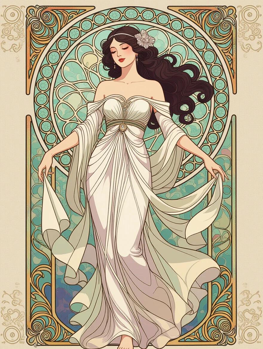 Female figure in flowing garments. Art Nouveau style. Organic curves and floral designs. Soft brushwork. Delicate color transitions. Digital glitch effects like pixel drift. Surreal blend of classic and modern. Ornate background patterns. Abstract textures.