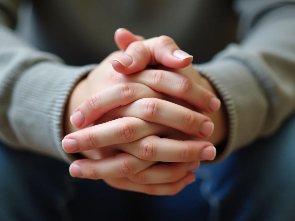 This image features a close-up of two hands clasped together, symbolizing comfort and support. The background is softly blurred, emphasizing the hands' gesture. The neutral tones of the clothing and environment create a soothing atmosphere. The lighting is warm, evoking feelings of safety and serenity. This image could resonate with themes of mindfulness and human connection.