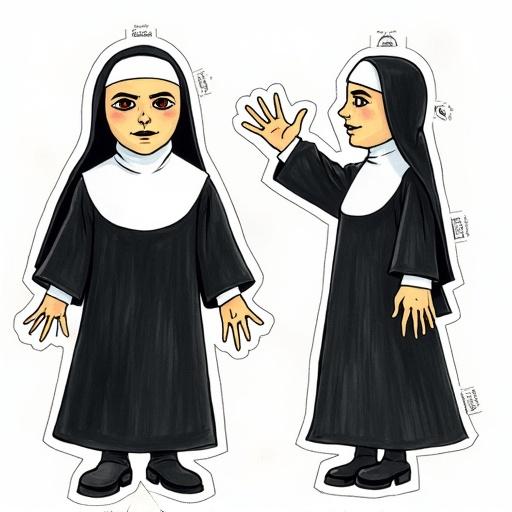 Childlike hand-drawn paper puppet sheet features creepy nun. Parts are separated for cutting and assembling. Thick outlines with pencil or crayon textures. Pieces include head torso arms hands legs feet. Nun wears black habit with white wimple. Background is plain white. Each piece has tabs or holes for paper fasteners.