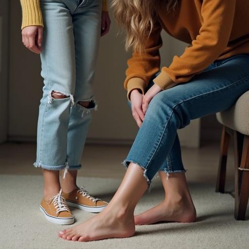 Mixed girl in jeans checking friend's feet. Focus on casual style. Indoor setting with soft lighting.