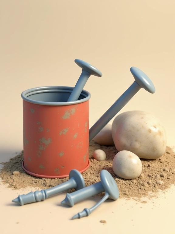 3D cartoon-style illustration in portrait format. Features a rusted open can with several cartoon nails and dirty rocks scattered around. Objects have soft and rounded shapes with bright colors. Neutral background highlights the items. Suitable for educational or safety awareness use.