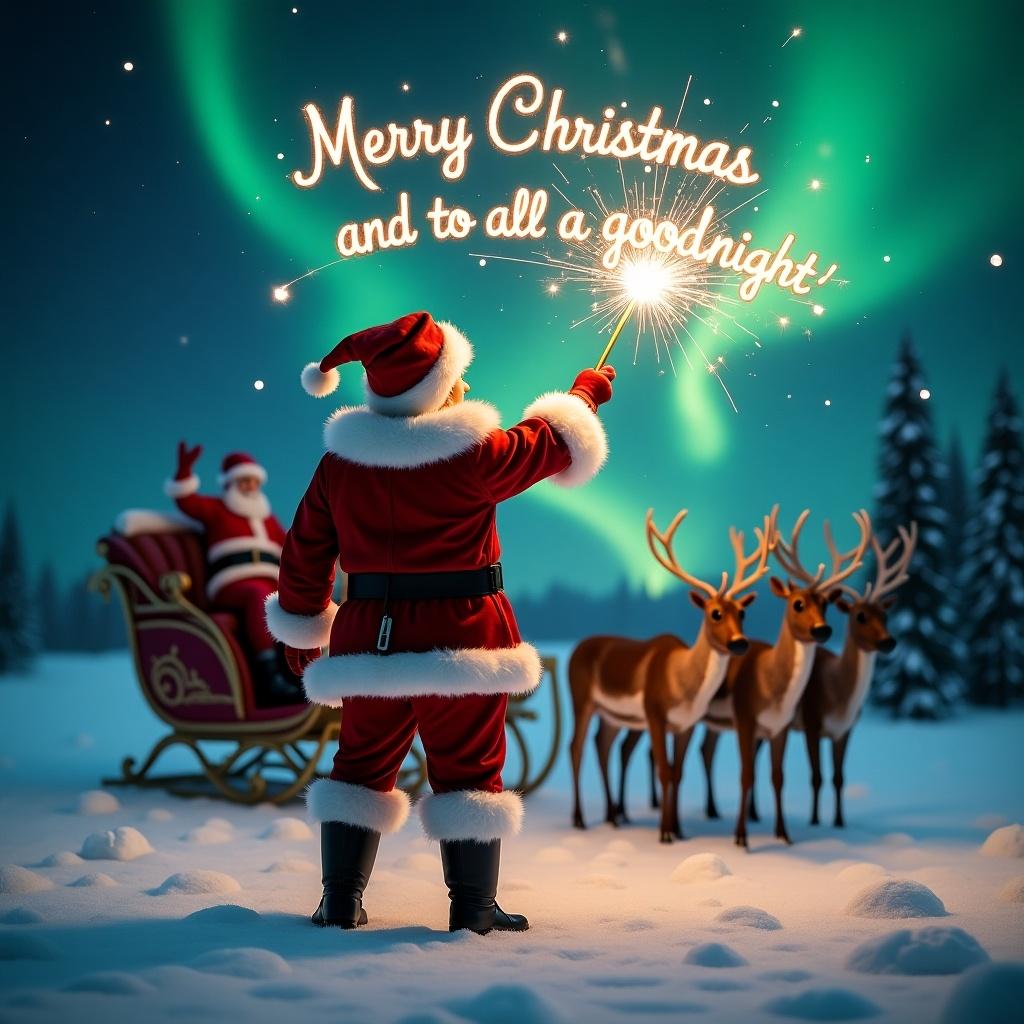 Enchanting scene of Santa Claus with traditional red and white suit facing sky. Sleigh and reindeer present. Santa wields magic wand, writing 'Merry Christmas and to all a goodnight' in sparkler script. Vibrant northern lights in backdrop. Festive and whimsical ambiance. Captures excitement of holiday season.