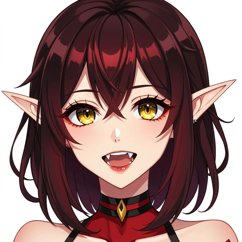 Closeup shot of an anime style female demon elf. Deep crimson skin contrasts with golden eyes. Black sclera enhances features. Brown hair with bangs frames the face. Slightly open mouth reveals sharp teeth.