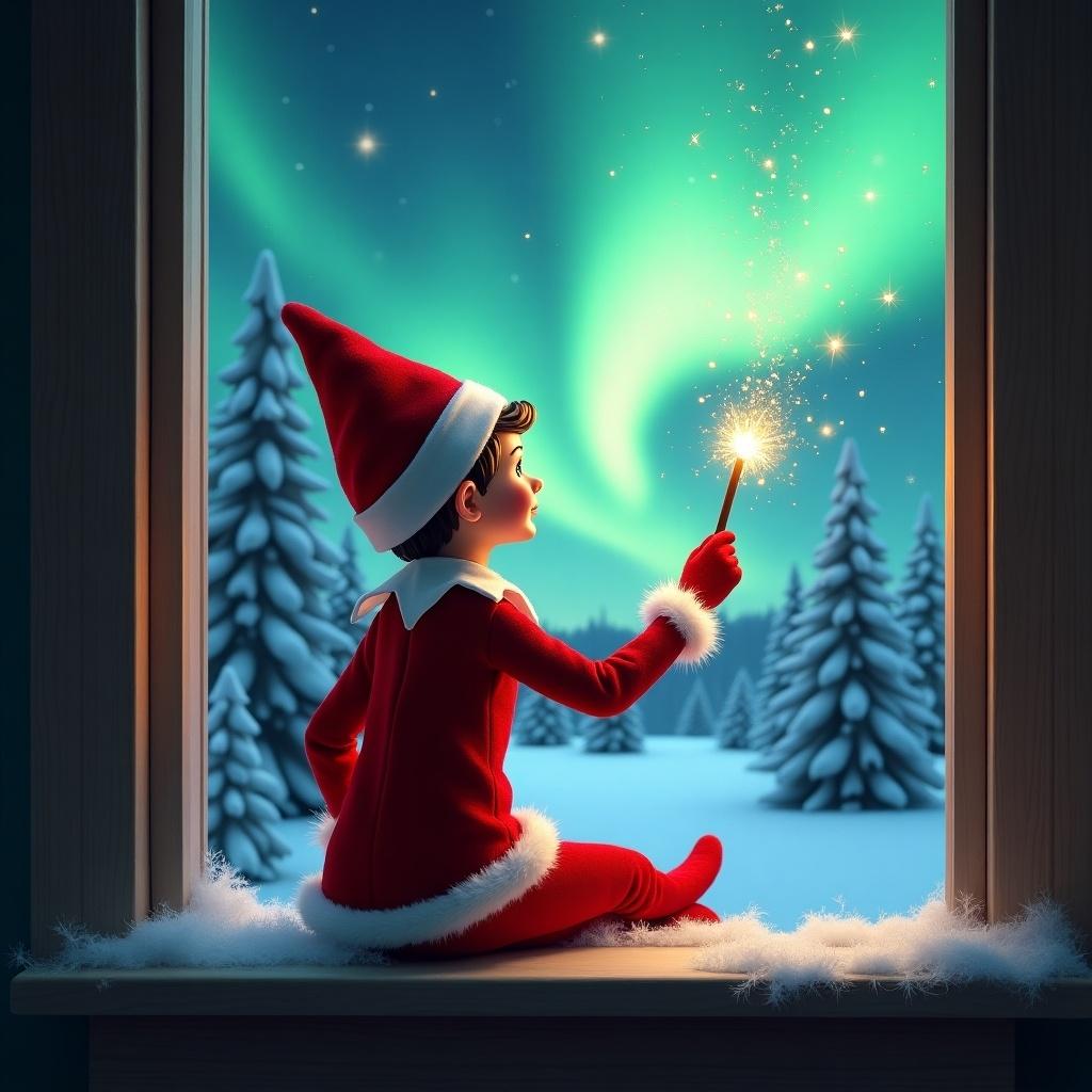 An elf on the shelf sits on a window ledge creating twinkling sparks with a wand. The elf looks up at northern lights. Background shows a winter wonderland with snow-covered pine trees. The elf wears a red outfit with white trim. Scene illuminated by colorful aurora borealis.