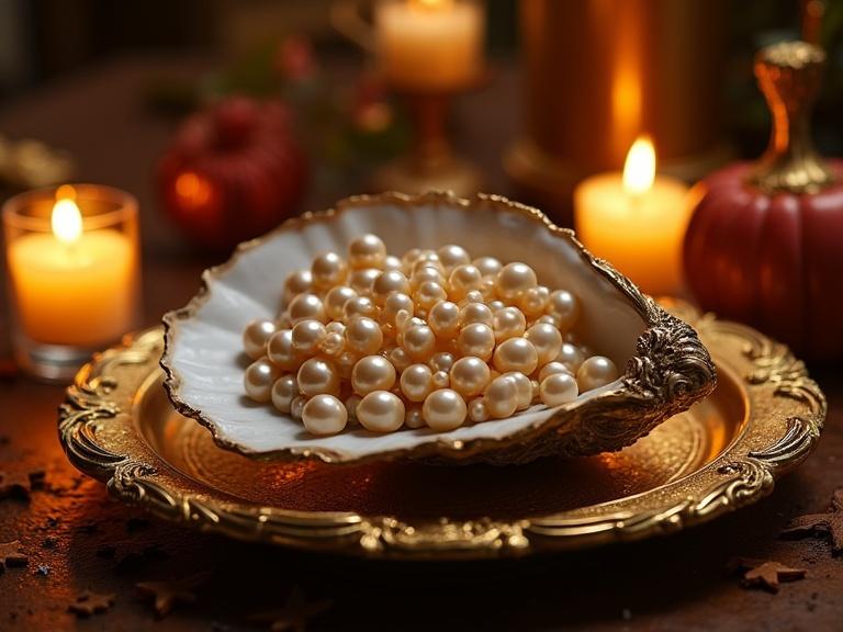 A baroque oyster on a golden platter overflowing with iridescent pearls. The scene glows softly in candlelight creating a Rococo fantasy ambiance.