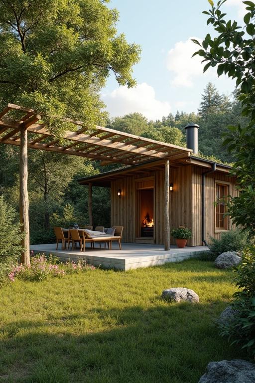 A cozy cabin sits under a wooden pergola with an open fireplace. Surrounded by trees, grass, and orange trees. Includes a vegetable garden area and outdoor seating.