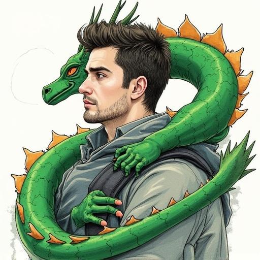 Drawing of a handsome man with short dark hair next to his green-scaled dragon.