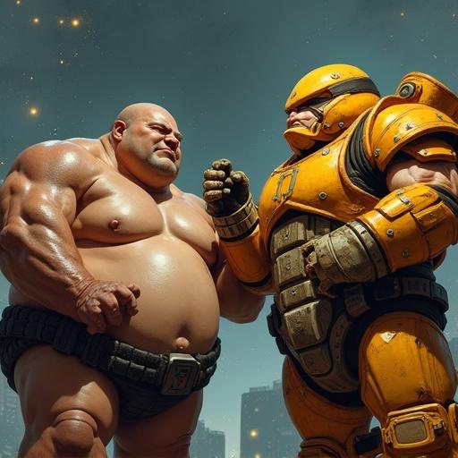 A humorous scene features two very obese characters resembling masterchief and Duke Nukem. They are engaged in a standoff. The setting has a dramatic, celestial backdrop. Both characters are muscular despite their size.
