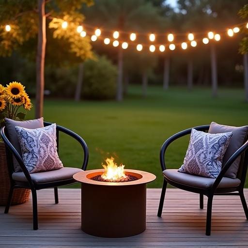Photograph of a serene outdoor scene at dusk. Focus on a small round fire pit on a wooden deck. Fire emits gentle, flickering light. Two modern black metal chairs with patterned pillows around the fire pit. Large wicker planter with sunflowers on the side. Lush green lawn in background, illuminated by warm string lights among tall trees. Overall warm and inviting color palette evokes tranquility.