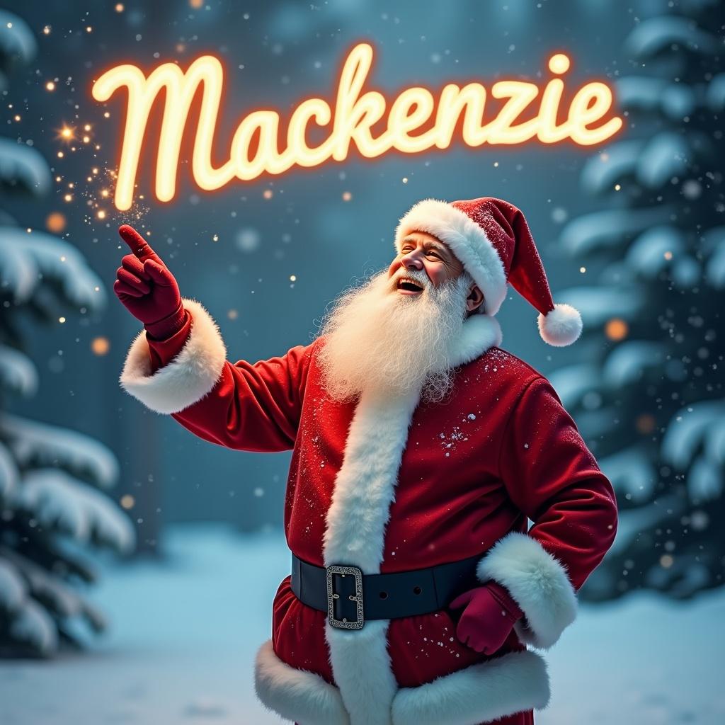 The image depicts a joyful Santa Claus standing in a winter wonderland. He is dressed in his traditional red suit with white trim and a matching hat. Santa is pointing upward as if he is magically writing a name in the sky. Snowflakes gently fall around him, adding to the festive atmosphere. In the sky, the name 'Mackenzie' is written in bright, glowing letters. The background features snowy trees, enhancing the Christmas scene.