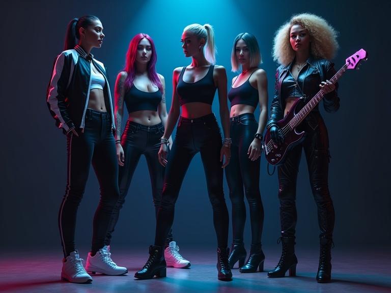 Dark cinematic live action image of five female musicians as superheroes. They wear sleek sci-fi suits, baggy black and white striped sports pants, and short black tank tops. Each character has distinct hairstyles and accessories. Includes various futuristic weapons and accessories set against a dark background with spotlights.