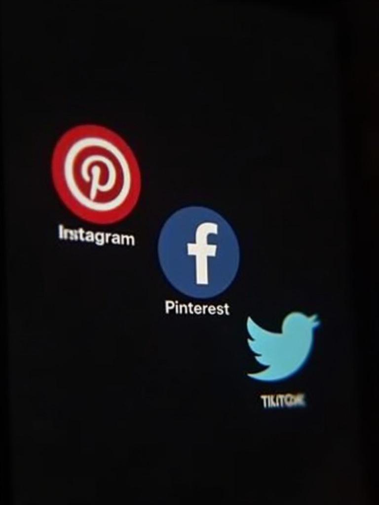 Image of social media outreach on a black background. Include Instagram, Pinterest, Facebook, and TikTok logos. Display them on a phone screen. A girl is looking at the phone.