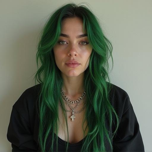 Portrait of a person with vibrant green hair. Soft makeup featured prominently. Subject looks directly at the camera with a strong expression. Jewelry enhances the aesthetic. Background is neutral to focus on the subject.