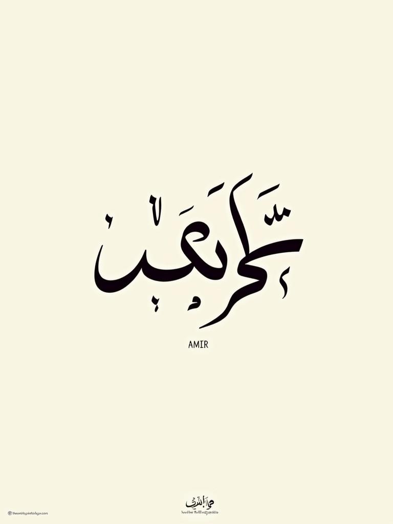 Calligraphy of the name Amir in Naskh style. Elegant design with smooth curves. Clear and well-proportioned. Classic beauty of Arabic script is showcased.