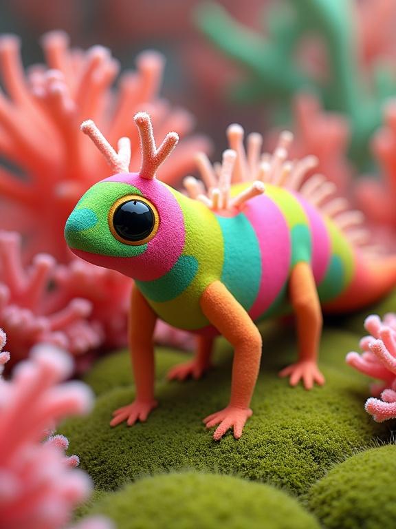Image of a vibrant, surreal fantasy creature in an alien-like environment resembling an undersea coral reef. Colors blocky and bright; textures soft and toy-like. Flora resembles coral and spongy plants. Lighting bright, creating a whimsical atmosphere. High-detail, soft 3D style.