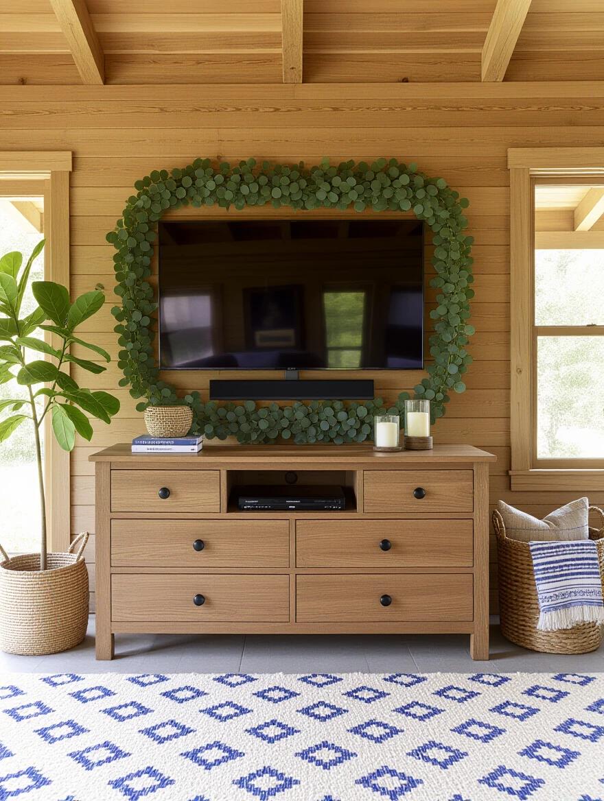A rustic wooden TV stand with a flat screen TV mounted above it. TV surrounded by eucalyptus leaves. A wooden dresser has six drawers with black knobs. Two candles are on top of the dresser. The cozy living room has wooden walls and a large window for natural light. A blue and white patterned rug is on the floor. A potted plant and a basket are visible, creating a warm and inviting atmosphere.