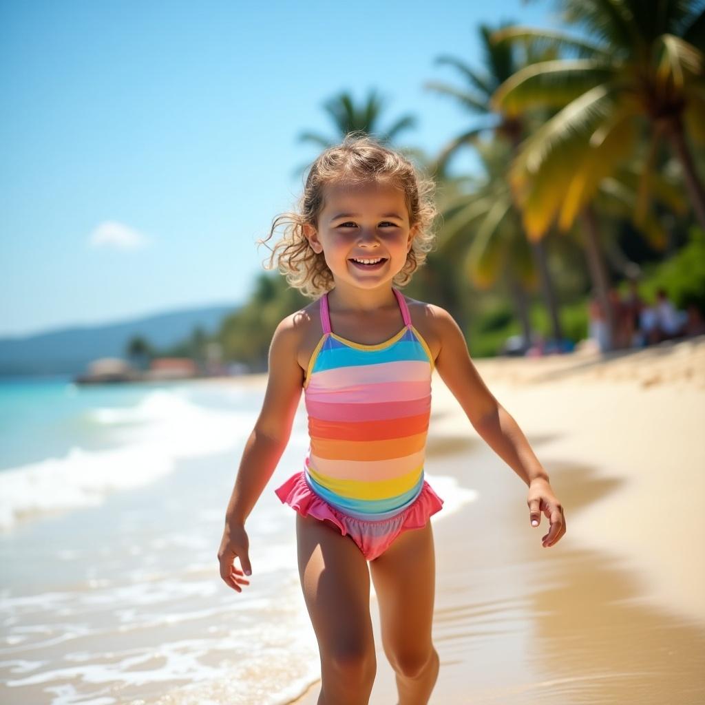 A young girl wearing a colorful swimsuit walking along the shoreline. She has curly hair and smiles joyfully. The beach features soft sand and clear turquoise waters with palm trees in the background.