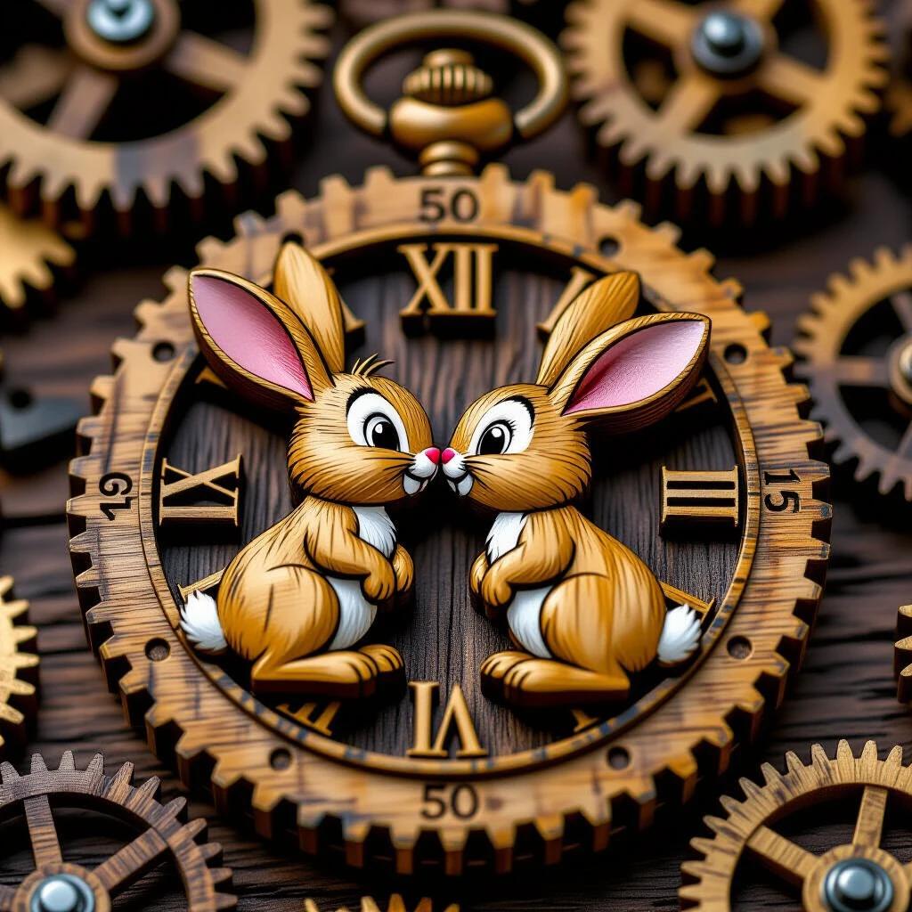 Artwork showcases aged wooden gears connected to form a pocket watch. Engraving features two fluffy rabbits kissing. Artwork exhibits high-resolution details.