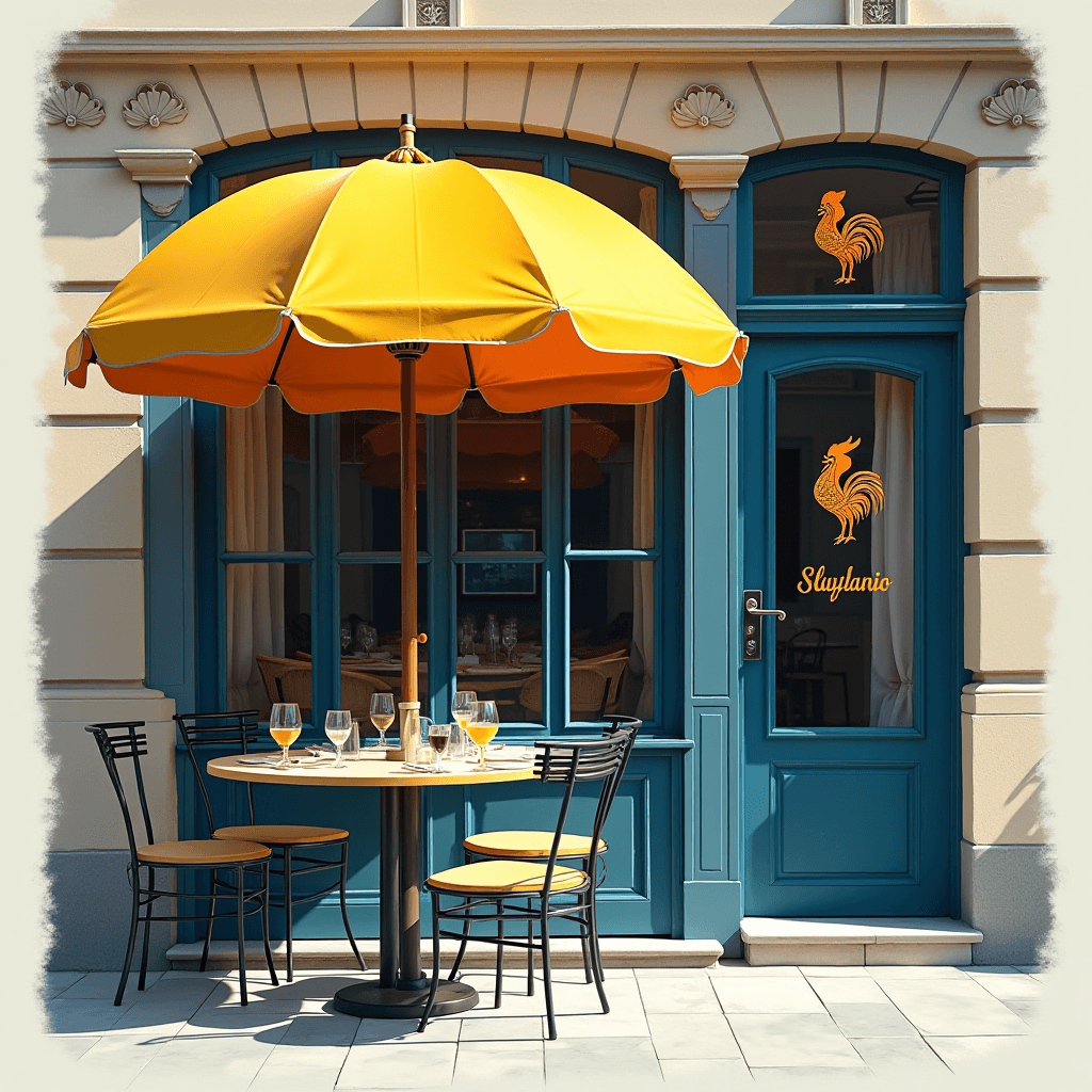 A cozy outdoor café setting with a yellow umbrella and blue door adorned with rooster motifs.