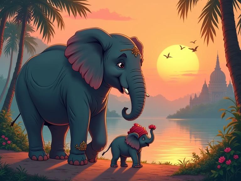 In the Indian jungle at sunset a mother elephant and her baby walk along a river. A Hindu temple and colorful flowers are in the background. The scene is warm and vibrant. Mother elephant has gold accessories and big eyes. Baby elephant wears a red turban and a pink flower. The sky is orange and pink. There are palm trees and misty temple in the distance. Light filters through trees reflecting on the river.