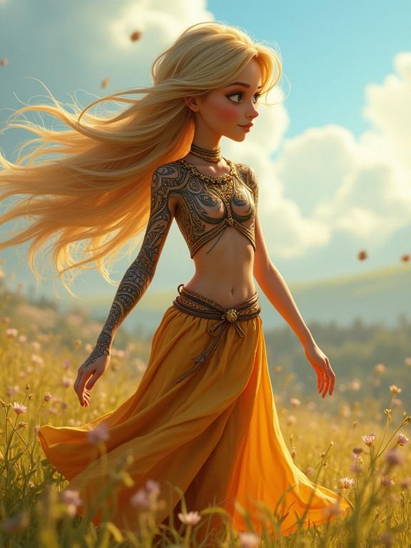Pixar cartoon character, a tribal blonde girl with detailed fantasy tattoos, dancing elegantly in a sunlit meadow filled with flowers.