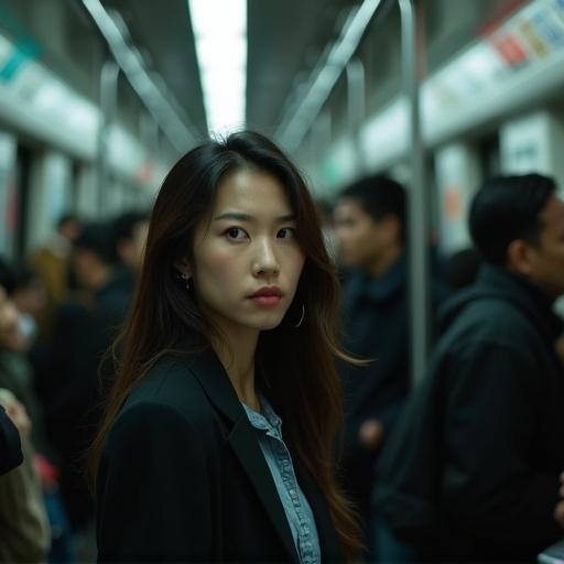 Pretty Chinese woman in crowded subway at night. Eye-level view. Dimly lit surroundings with artificial lights. Focus on woman with long hair and black outfit.