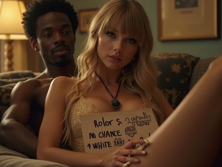 Taylor Swift filming a music video in a motel room. A close-up of a beautiful woman wearing a stylish gold fringe dress. She is lying on a couch with her boyfriend. She has long blonde twintails and a black spade pendant around her neck. She holds a sign with text. The scene has warm lighting and an intimate feel.