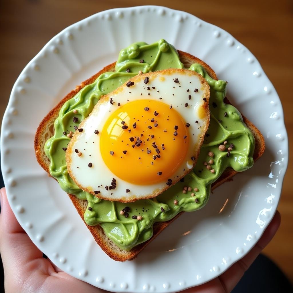 Avocado toast topped with a sunny-side-up egg. Bright colors and textures. Served on a white plate. Healthy breakfast option.