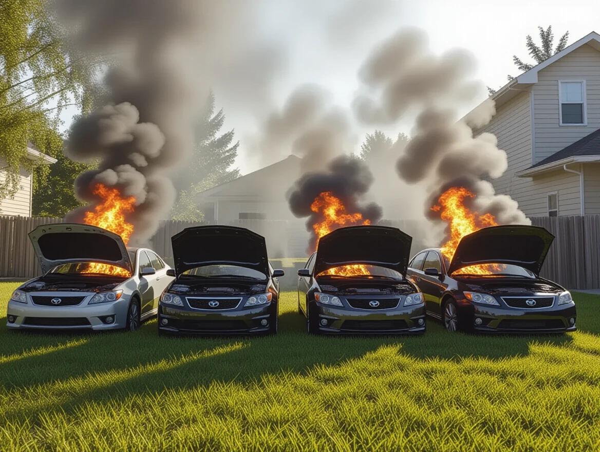 Photo shows four parked cars in a grassy backyard. Thick black smoke rises from under hoods, orange flames flicker. Paint is scorched, metal glows. Scene depicts chaos and destruction under sunny skies, realistic fire and smoke animation.