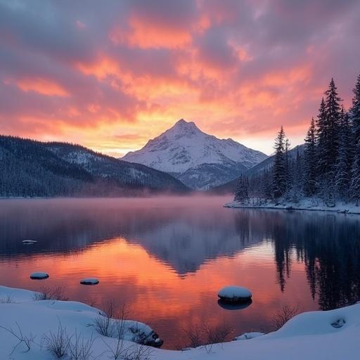 Beautiful sunset with vibrant colors over a mountain. Reflection seen in a calm lake with snow-covered surroundings. Vintage aesthetic.