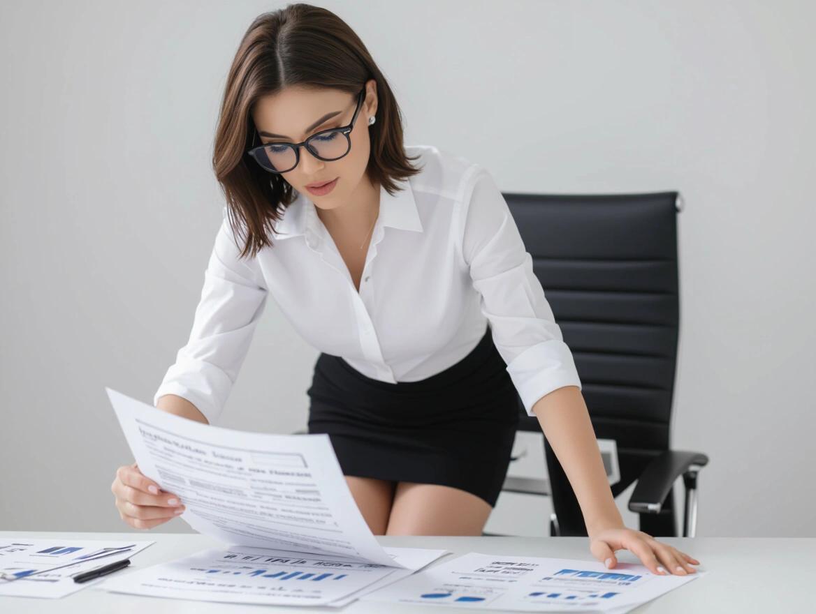 Woman of Asian descent reviewing work documents in an office. She has brown eyes and is dressed in a short business skirt and a white blouse. The focus is on her leaning over the desk intently examining the documents.