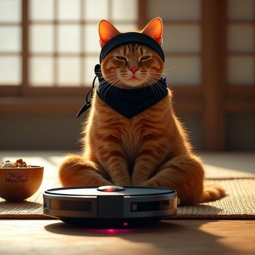 Ultra-realistic photo of a majestic ginger tabby cat wearing a ninja headband. Cat meditates in lotus position on a woven mat in a Japanese dojo. Soft light filters through shoji screens. Ceramic bowl with text 'Ninja Master' sits beside cat with sushi-shaped treats. A sleek robot vacuum with glowing red 'eyes' peeks into view, mid-movement creating tension. Photorealistic style with detailed fur texture and shallow depth of field. Mood: contrast between zen calmness and mechanical intrusion.