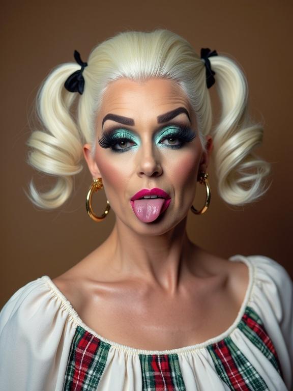 Dramatic close-up portrait of a drag performer. Elaborate theatrical makeup features metallic turquoise eyeshadow and exaggerated lashes. Platinum blonde hair in pigtails. Bright pink lips and intense contouring. Wearing a white peasant top with red plaid. Sticking tongue out playfully. Shot with artificial lighting against a neutral brown background. Text at top and bottom of image.