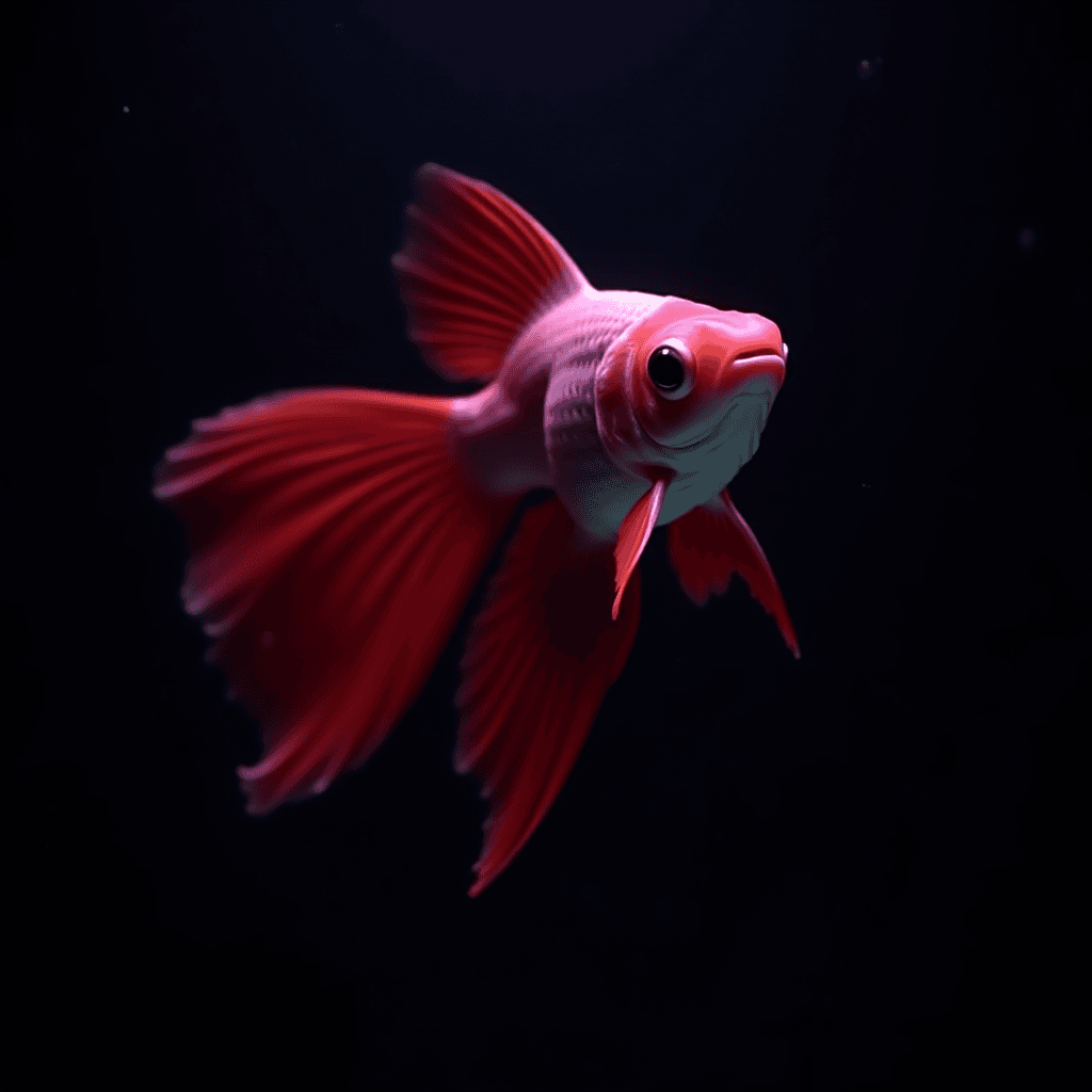 A vibrant red and pink fish gracefully swims against a dark background.